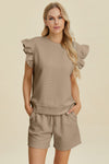 Double Take Texture Round Neck Ruffle Sleeve Top and Shorts Set