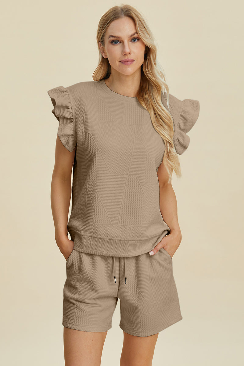 Double Take Texture Round Neck Ruffle Sleeve Top and Shorts Set