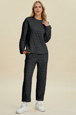 Double Take Texture Round Neck Long Sleeve Top and Pants Set