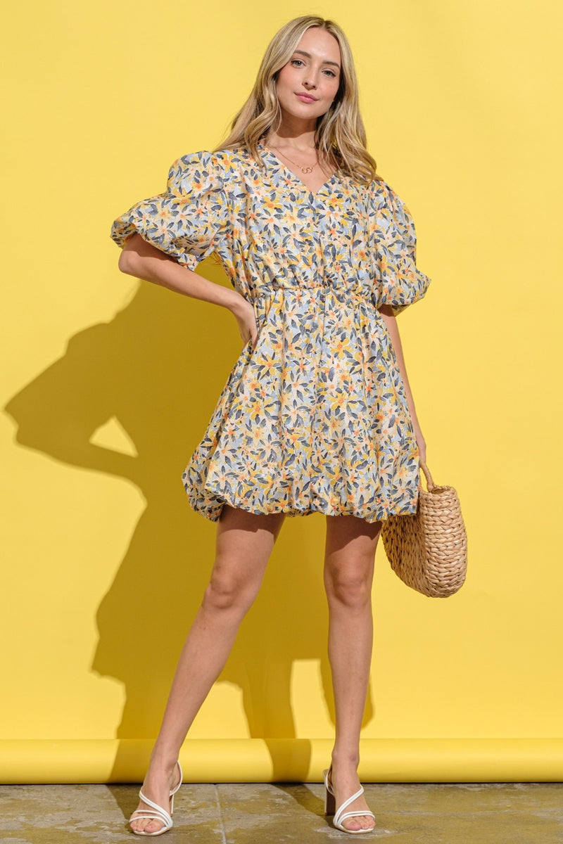 And The Why Floral Surplice Puff Sleeve Dress