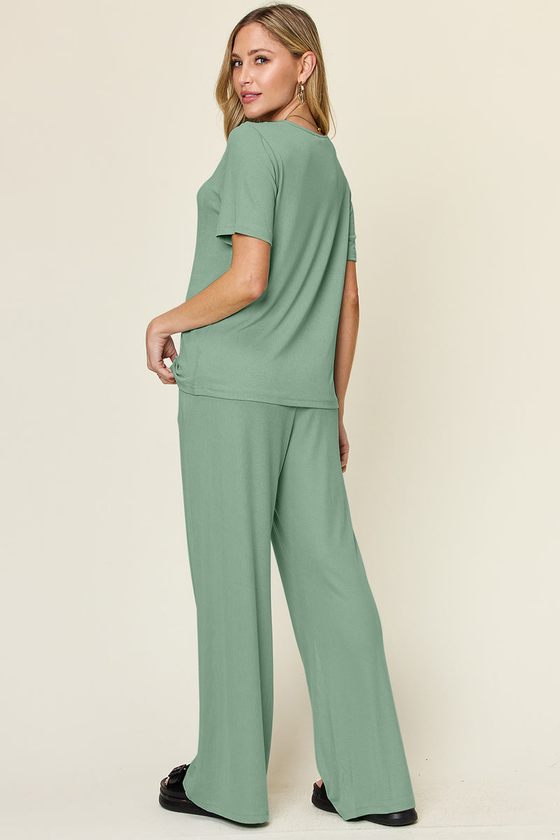 Double Take Round Neck Short Sleeve T-Shirt and Wide Leg Pants Set