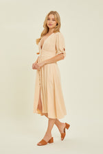 HEYSON Textured Linen V-Neck Button-Down Midi Dress