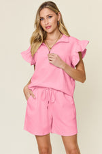 Double Take Textured Flounce Sleeve Top and Drawstring Shorts Set