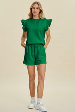 Double Take Texture Round Neck Ruffle Sleeve Top and Shorts Set