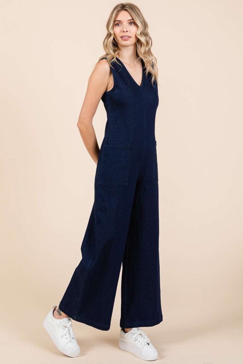 Mittoshop Sleeveless Wide Leg Denim Jumpsuit