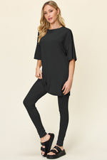 Double Take Round Neck Dropped Shoulder T-Shirt and Leggings Set