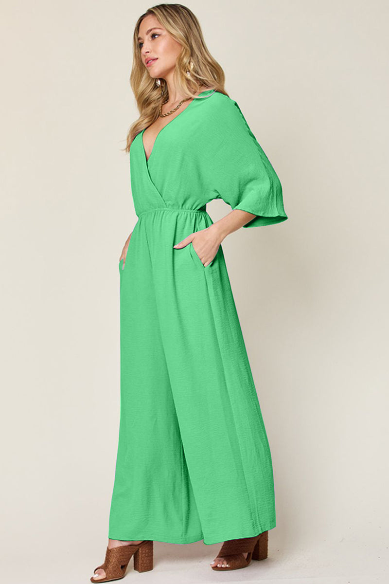 Double Take Surplice Wide Leg Jumpsuit with Pockets