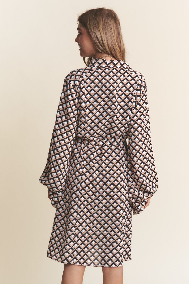 J.NNA Geometric Balloon Long Sleeve Midi Dress