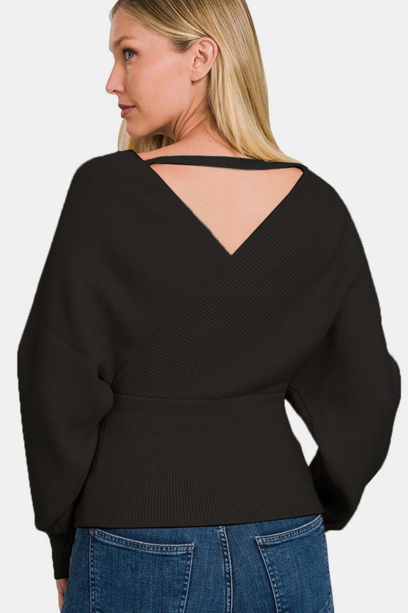 Zenana Cross Wrap Rib Long Sleeve Sweater