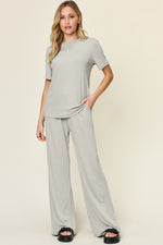 Double Take Round Neck Short Sleeve T-Shirt and Wide Leg Pants Set