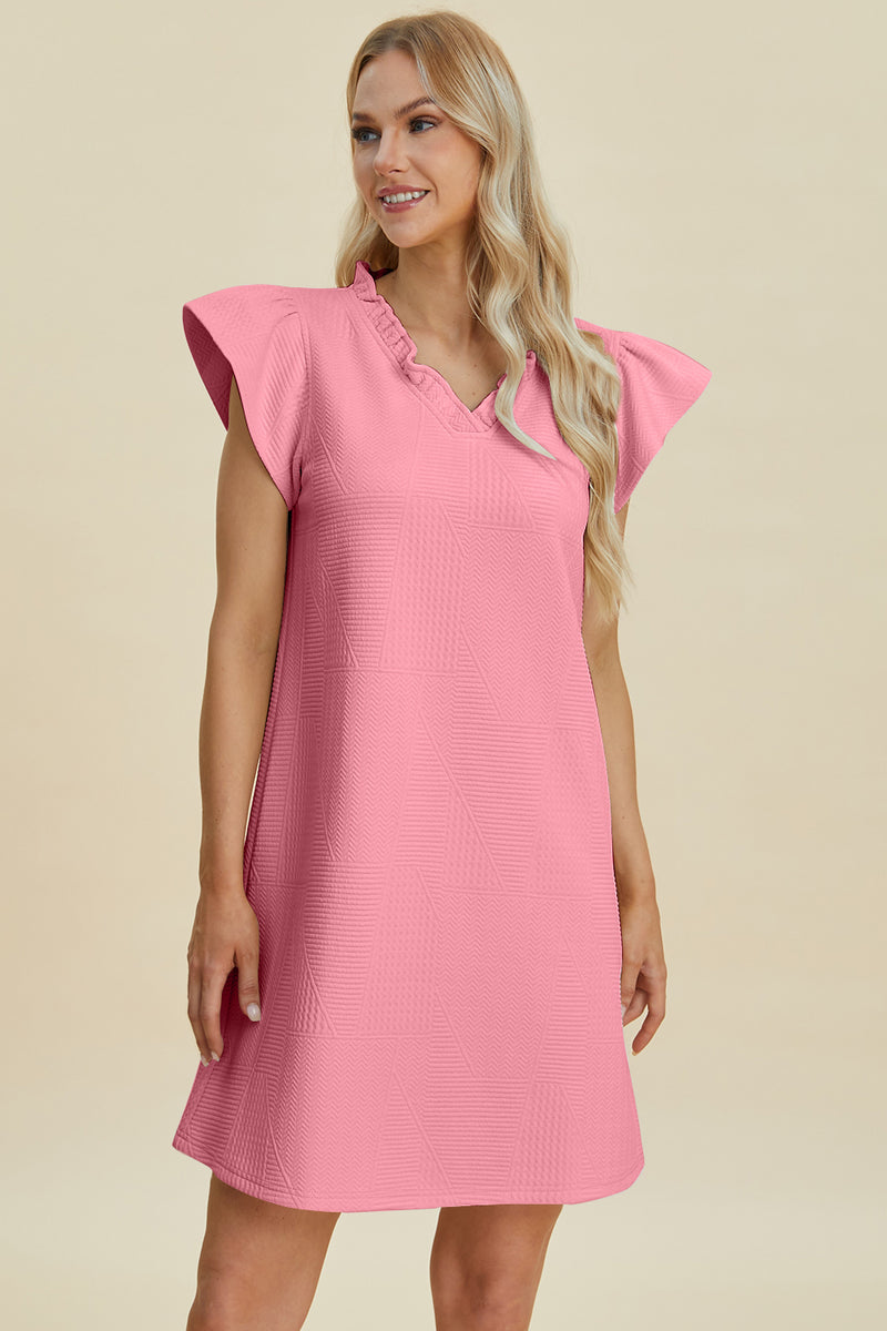 Double Take Ruffled V-Neck Cap Sleeve Dress