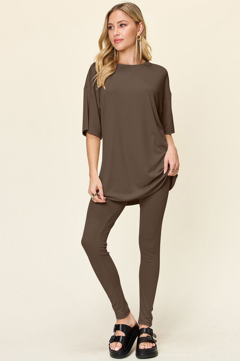 Double Take Round Neck Dropped Shoulder T-Shirt and Leggings Set