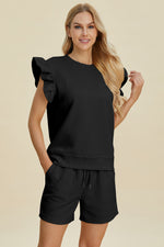 Double Take Texture Round Neck Ruffle Sleeve Top and Shorts Set