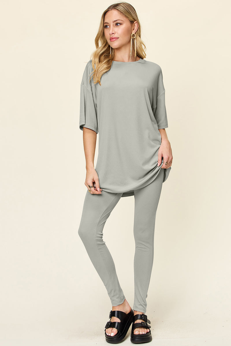 Double Take Round Neck Dropped Shoulder T-Shirt and Leggings Set