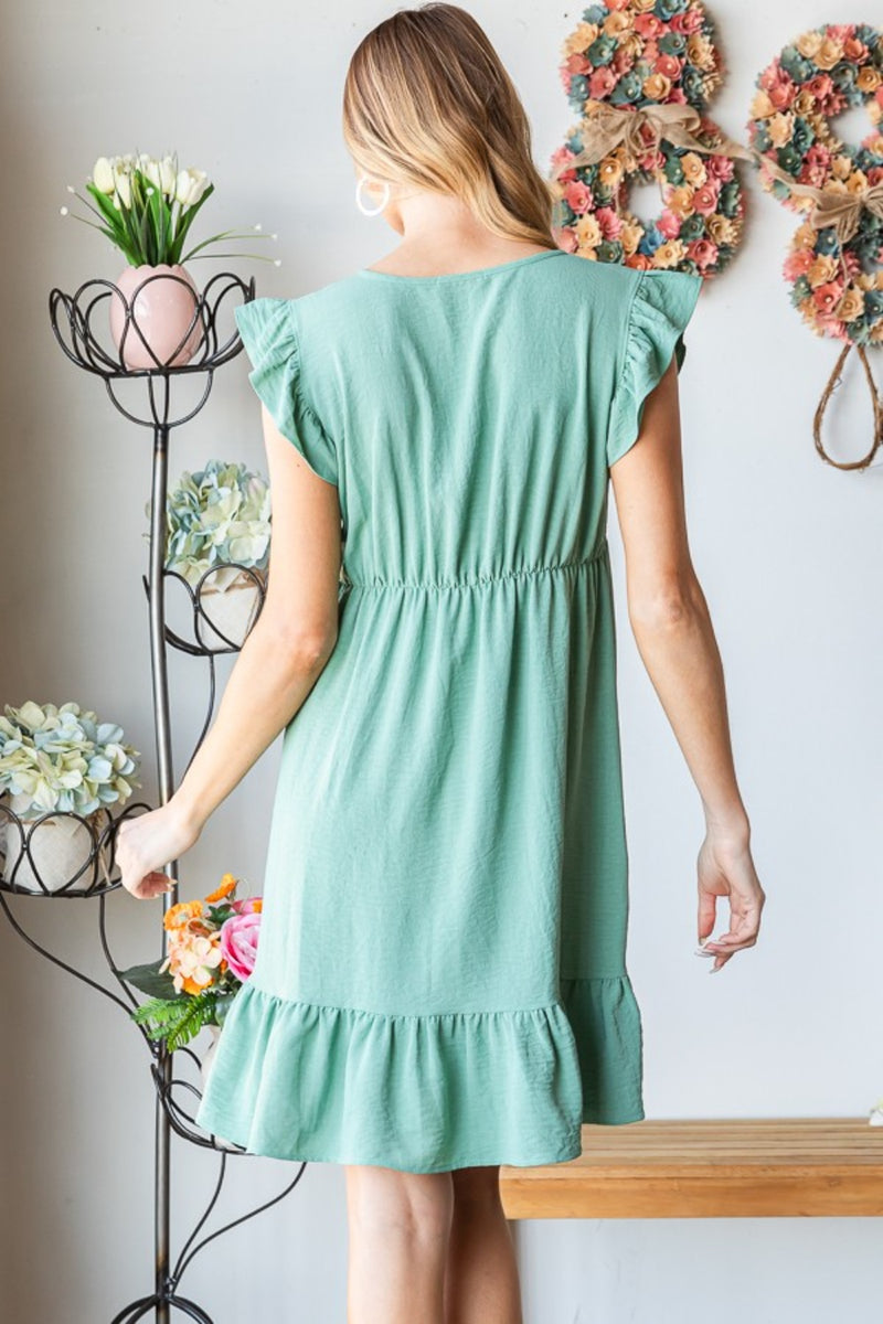 Heimish Short Sleeve V Neck Ruffled Hem Dress