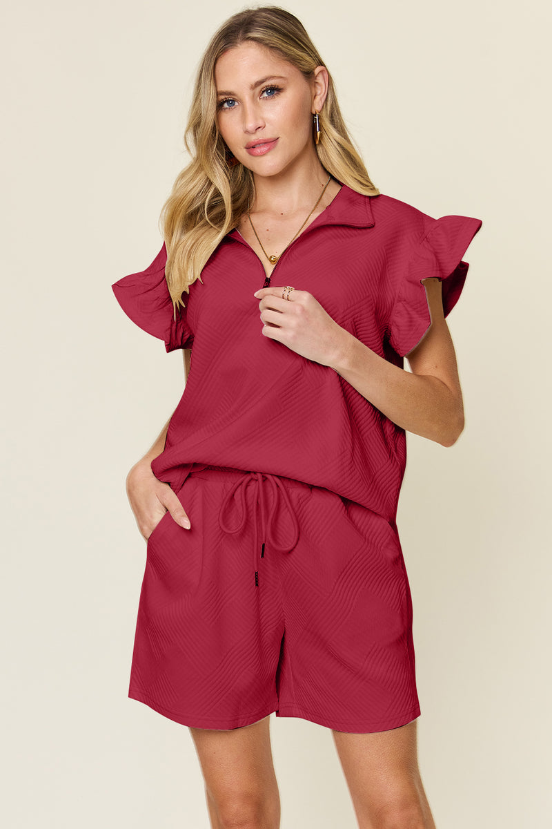 Double Take Textured Flounce Sleeve Top and Drawstring Shorts Set