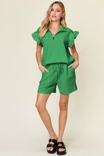 Double Take Textured Flounce Sleeve Top and Drawstring Shorts Set