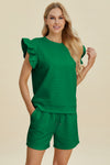 Double Take Texture Round Neck Ruffle Sleeve Top and Shorts Set