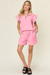 Double Take Textured Flounce Sleeve Top and Drawstring Shorts Set