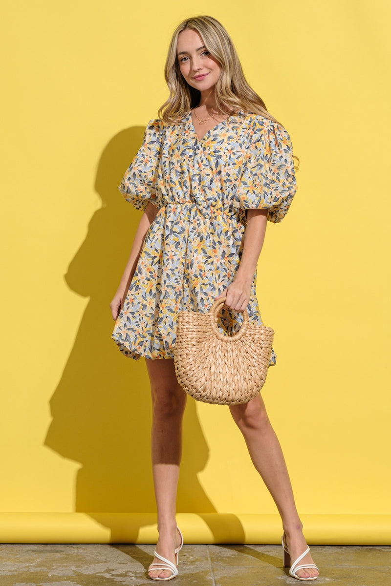 And The Why Floral Surplice Puff Sleeve Dress