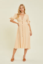 HEYSON Textured Linen V-Neck Button-Down Midi Dress