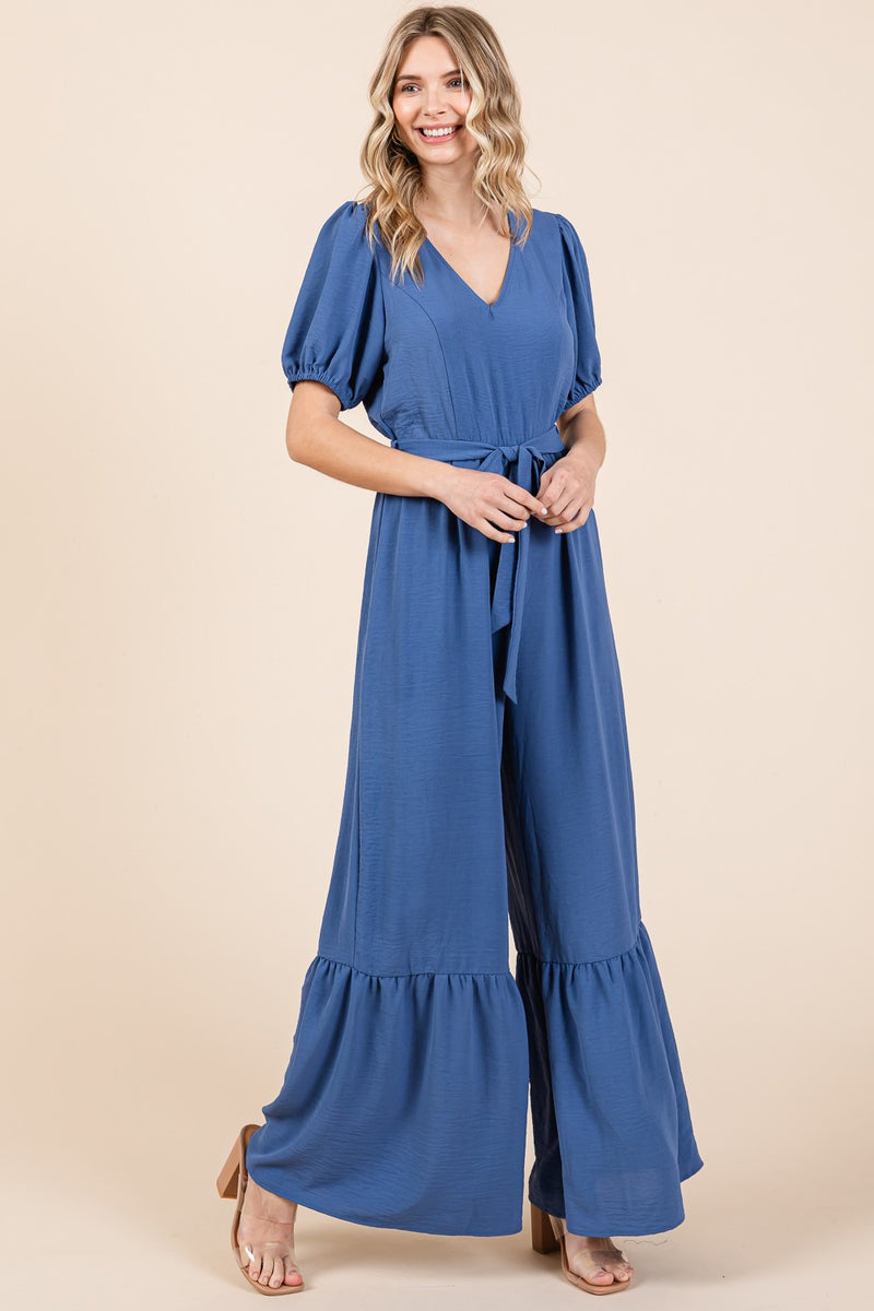 GeeGee V-Neck Belted Wide Leg Jumpsuit