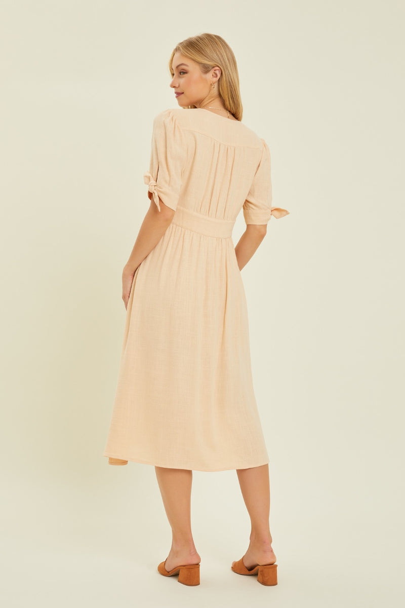 HEYSON Textured Linen V-Neck Button-Down Midi Dress