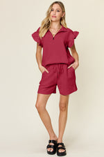 Double Take Textured Flounce Sleeve Top and Drawstring Shorts Set