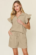 Double Take Textured Flounce Sleeve Top and Drawstring Shorts Set