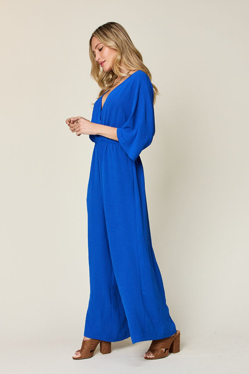 Double Take Surplice Wide Leg Jumpsuit with Pockets