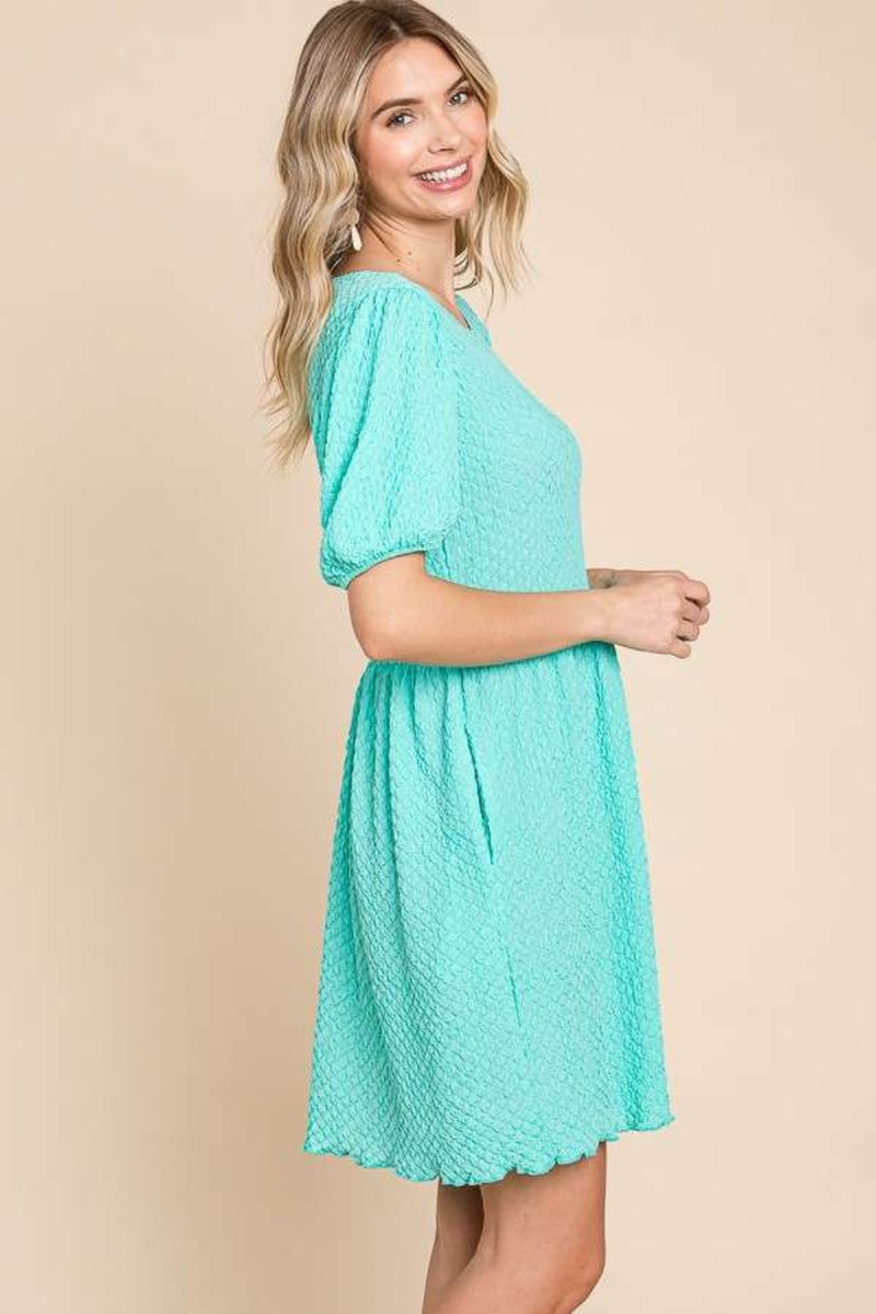 Culture Code Textured Round Neck Puff Sleeve Dress