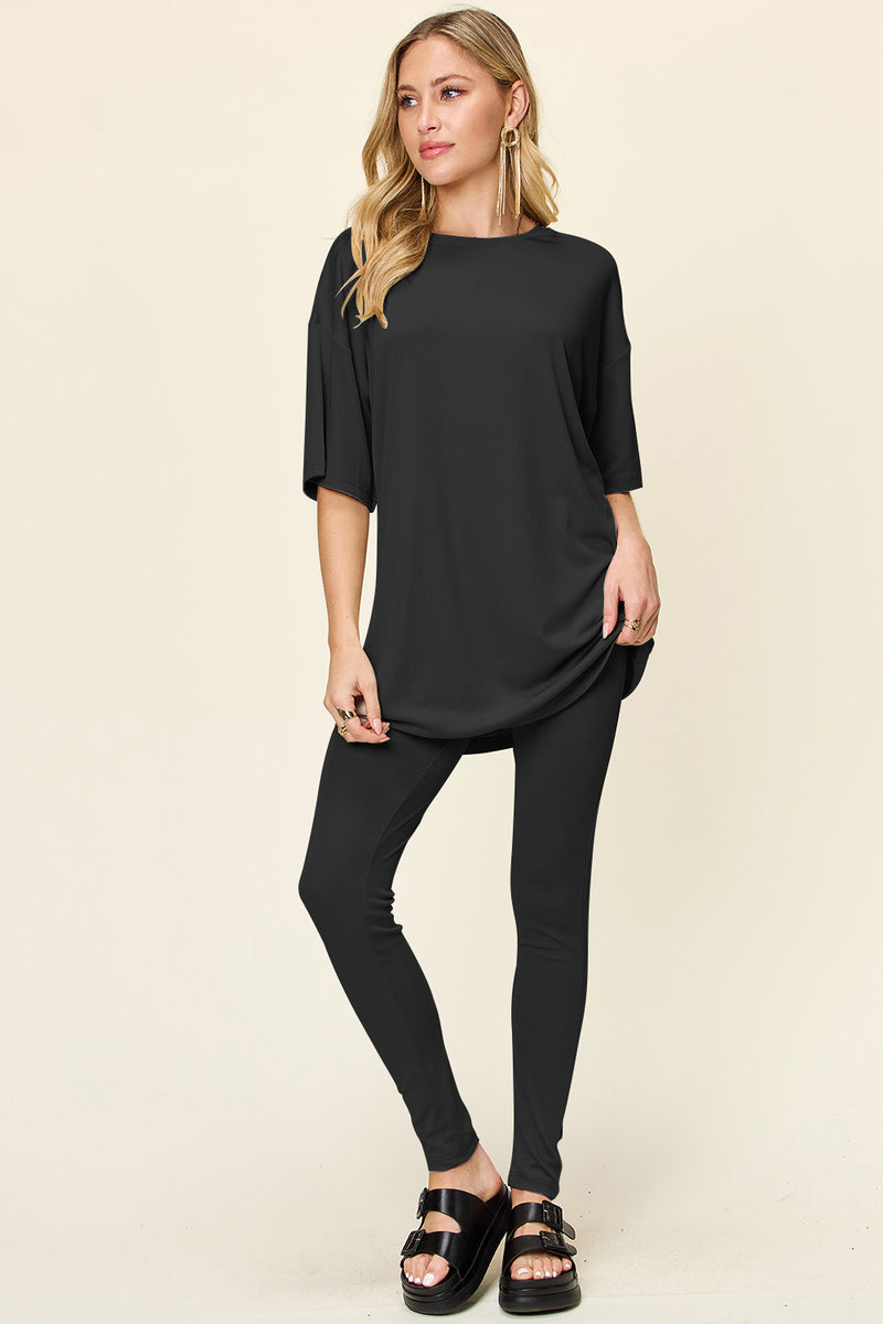 Double Take Round Neck Dropped Shoulder T-Shirt and Leggings Set