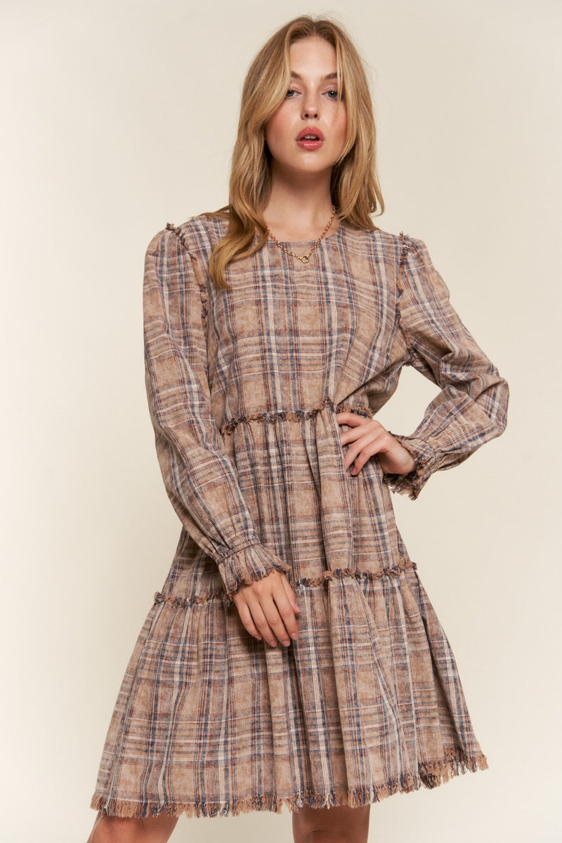 And The Why Washed Frayed Tiered Plaid Dress