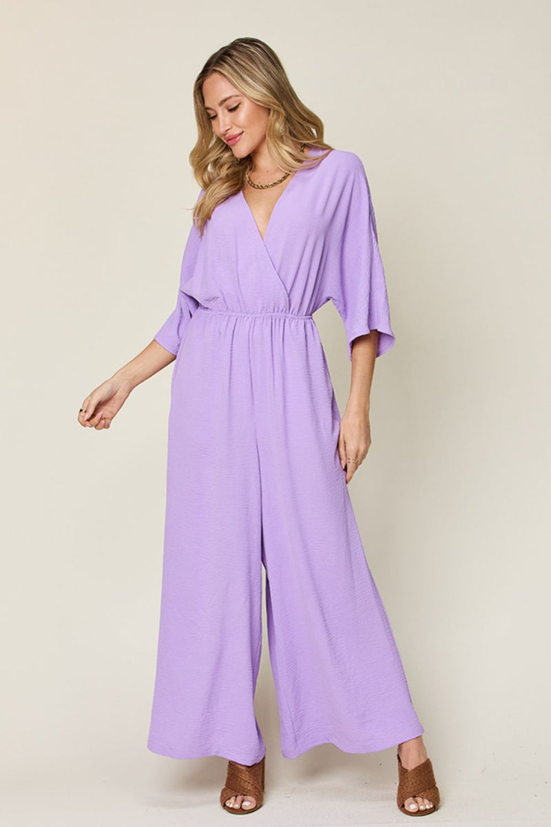 Double Take Surplice Wide Leg Jumpsuit with Pockets