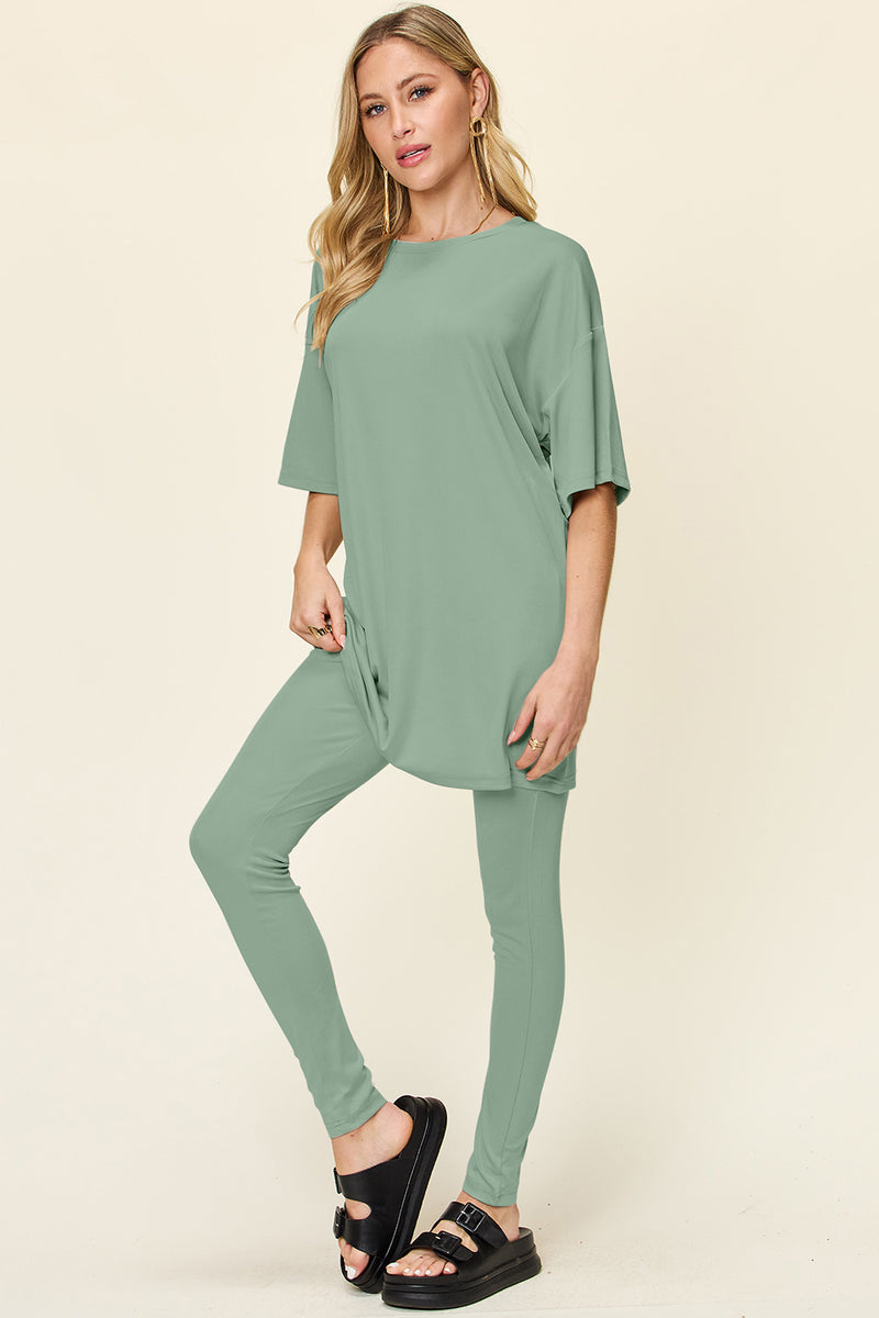 Double Take Round Neck Dropped Shoulder T-Shirt and Leggings Set