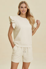 Double Take Texture Round Neck Ruffle Sleeve Top and Shorts Set