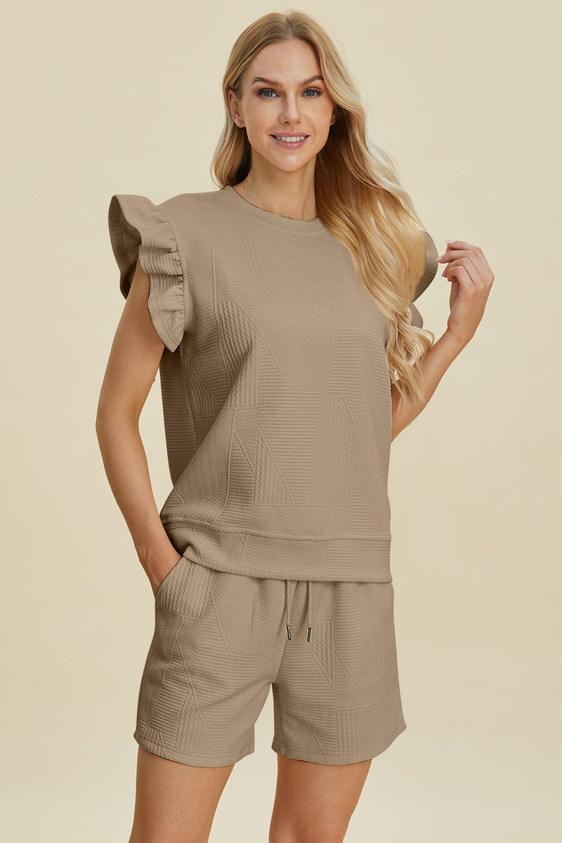 Double Take Texture Round Neck Ruffle Sleeve Top and Shorts Set