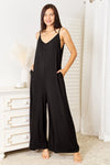 Double Take Soft Rayon Spaghetti Strap Tied Wide Leg Jumpsuit