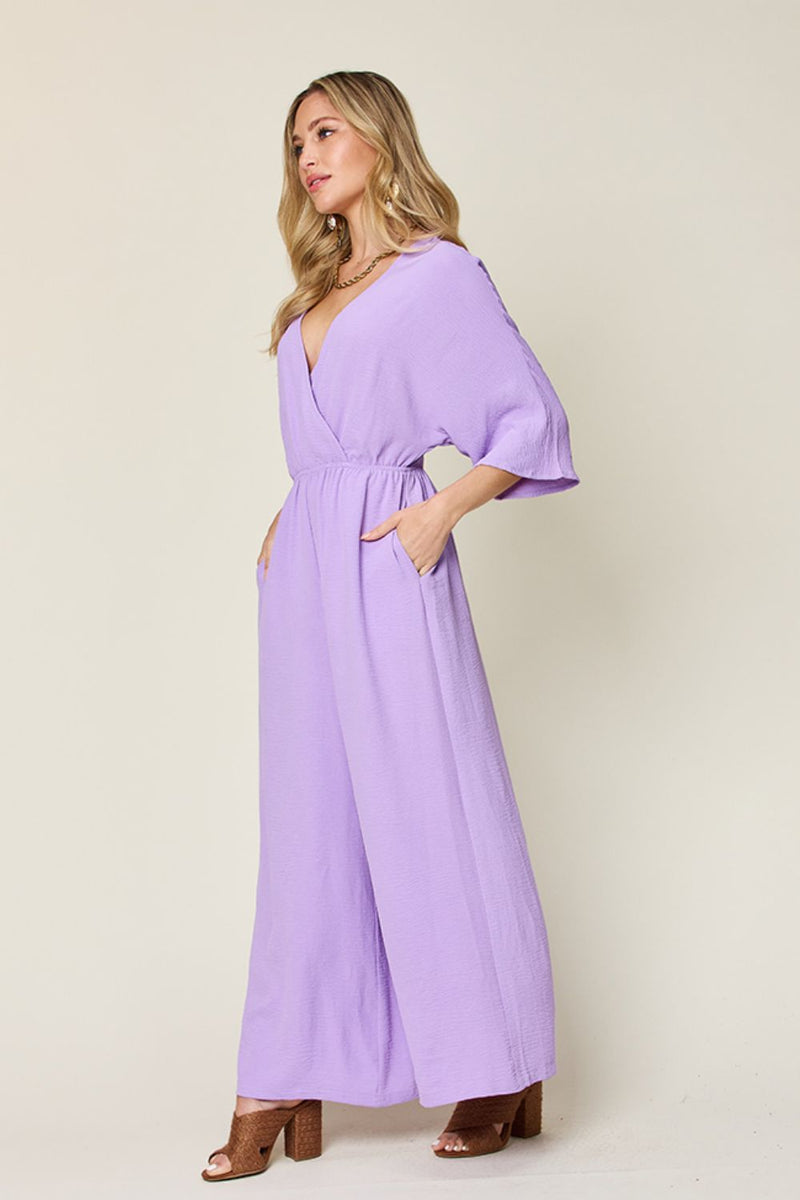 Double Take Surplice Wide Leg Jumpsuit with Pockets