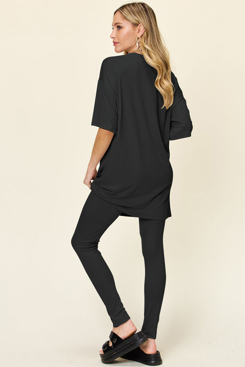 Double Take Round Neck Dropped Shoulder T-Shirt and Leggings Set