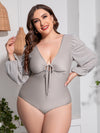 Plus Size Tied Deep V Balloon Sleeve One-Piece Swimsuit