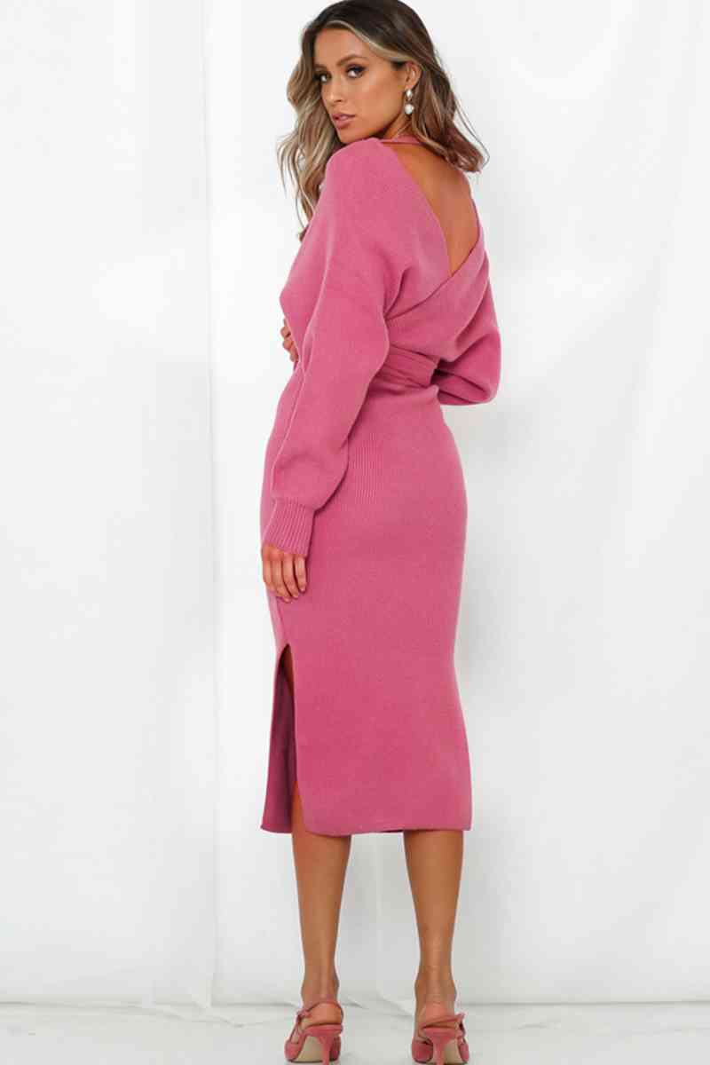 Surplice Neck Bow Waist Slit Sweater Dress